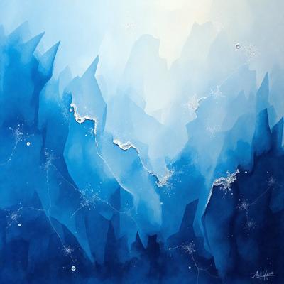 The primary subject of the image is a painting of a blue ocean with a mountainous background. The setting is a blue ocean with a mountainous background, and the visual style is a painting. The dominant colors are blue and white, creating a serene and calming atmosphere.